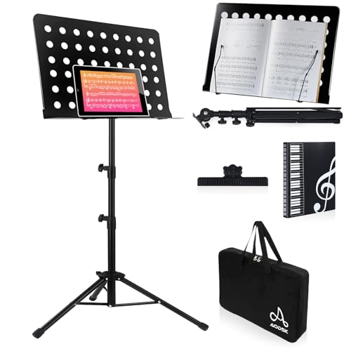 AODSK Sheet Music Stand,Full Metal,19x14inches Oversized Sheet Music,Desktop Book Stand with Portable Carrying Bag,Clip Holder,Sheet Music Folder,2 in 1 Music Book Stand