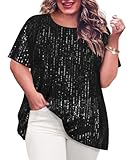 TIYOMI Plus Size Women's Sequin Tops 2X Crewneck Summer Black Tops Sparkly Short Sleeve Blouses Party Tunic Slimming Club Fashion Pullover 2XL 18W 20W