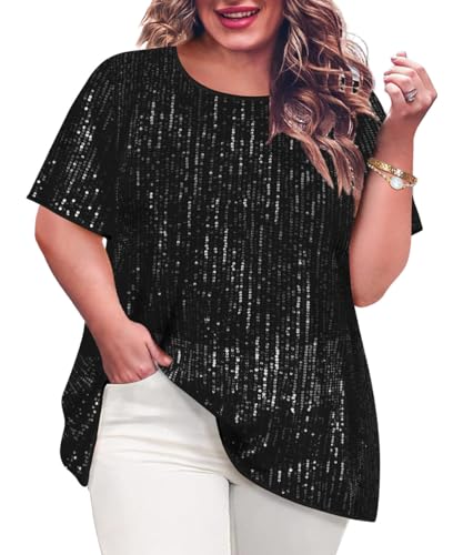 TIYOMI Plus Size Sequin Tops for Women Crewneck Party Tops Sparkly Slimming Tunics XL-5XL