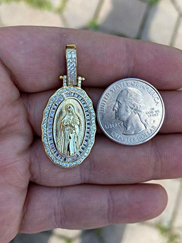 Harlembling Solid 925 Sterling Silver - Natural Silver Or 14K Gold Finish - Mens Or Ladies Virgin Mary Pendant - Fully Iced Baguette Medallion Great For Any Necklace (Natural Silver) #TOP3