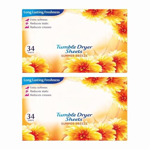 Tumble Dryer 34 Sheets Summer Breeze x2 - Fresh Scented Fabric Softener – Reduces Static, Wrinkles & Adds Long-Lasting Freshness with Welari Thank You Card | (2pack)