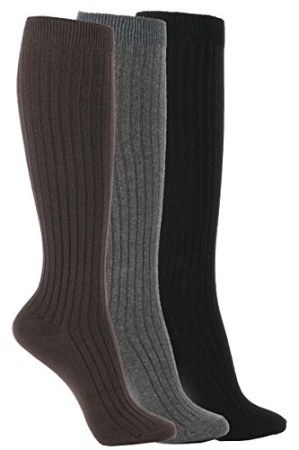 Wowfoot Women's Knee High Socks Luxury Cotton For Girl Stylish Design Fun (C-Ribbed Type - 3Pair) One Size,( Grey, Brown, Black Socks #TOP13