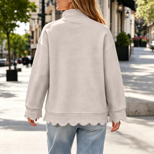 Mock Neck Sweatshirt Women Cotton Scalloped Hem Fashion Pullover Tops - image 5