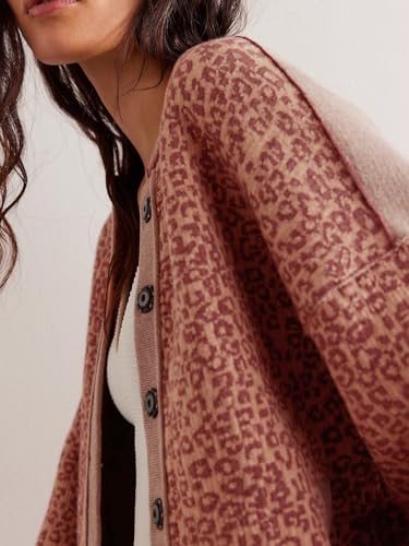 Image of Women's Casual Leopard Print Jacket Crew Neck Long Sleeve Loose Fit Button Coat Fall Trendy Bomber Cardigan
