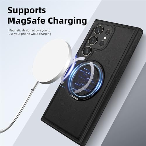 Image of Bumper Case with Kickstand for Samsung Galaxy S-Series Ultra Case Compatible with Wireless Charging | Luxury Aluminum Armor (Ring Leather-Black, Samsung Galaxy S25 Ultra)