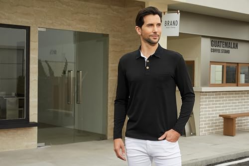 Men's Long Sleeve Polo Shirts Casual Button Classic Work Shirt Cotton Collared Basic Golf Shirt with Pocket - Image 7