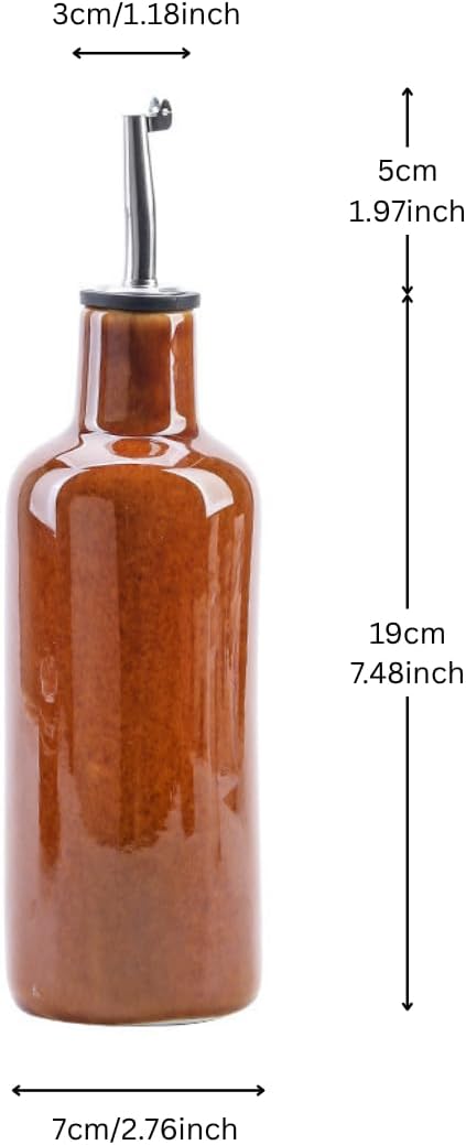 17Oz/500ml Ceramic Oil Dispenser Bottle with Gravity Lid, 304 Stainless Steel Spout & Silicone Stopper, Translucent Glaze Stoneware Cruet for Kitchen (Brown)
