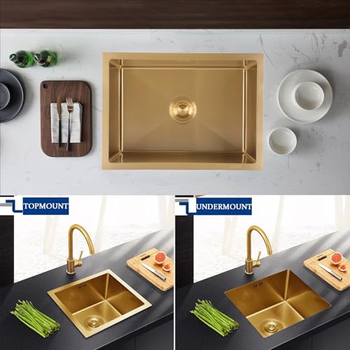 Gold Bar Sink Undermount,Single Bowl Undermount Bar Sink,Workstation Small Kitchen Sink,Brushed Gold Wet Bar Sink,Stainless Steel Bar Sink,Outdoor Kitchen Prep Sink With Gold-tone Accessories(Gold,38x
