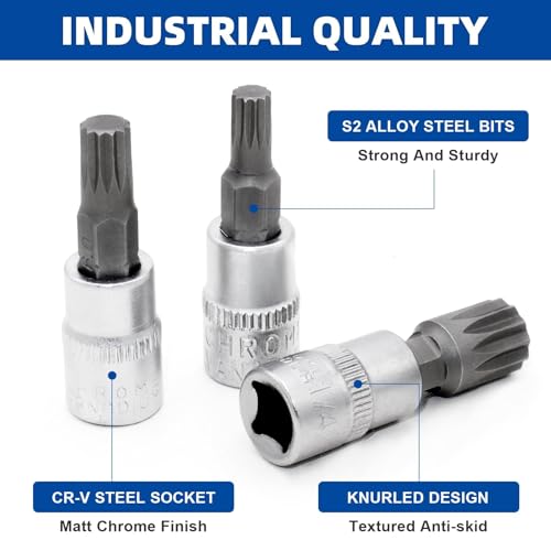 Image of DAKCOS 6pcs Spline Socket Set, M4-M12 for 1 /4 inch Drive, XZN Triple Square Spline Bit Set, S2 Alloy Steel Bit and CR-V Drive Socket
