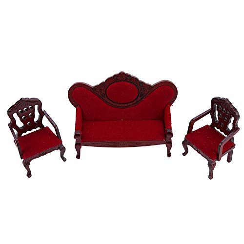 KIMISS 1:12 Scale Dollhouse Miniatures Salon Sofa en Bois Rouge Ensemble de canapé - Accessoires de Meubles Exquis pour Maisons de Poupée
