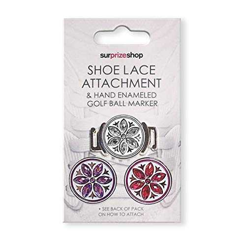 Surprizeshop Shoe Lace Attachment and 3 Hand Enameled Crystal Golf Ball Markers.