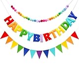 3 Pcs Pre-Strung Happy Birthday Banner, Felt Ball Garland, Pennant Triangle Flags, Rainbow Party Decorations, HAPPY BIRTHDAY Garland, Personalized Holiday Sign for Birthday Decor, Party Supplies, Photo Prop ( Felt Banner + Pennant Flags + Rainbow Balls)