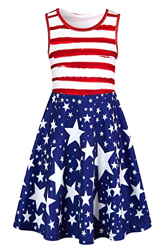 Enlifety 4th of July Dresses for Girls Size 6 7 Sleeveless American Flag Patriotic Dress Independence Day Star and Stripes Sundress
