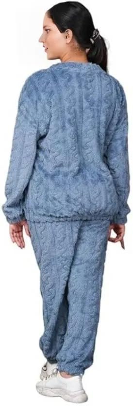 Image of Women's Fur Long Sleeve Nightsuit | Regular Fit Warm Top and Pyjama Set | Winter Wear Sweatpant Set for Women