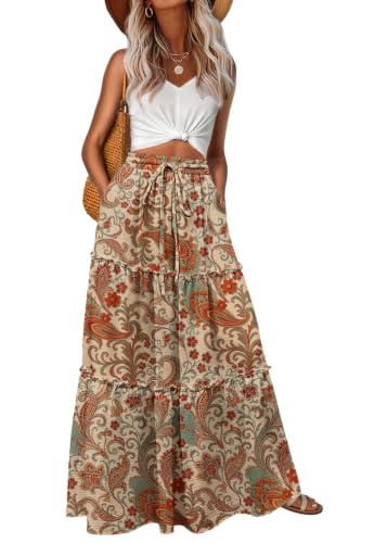 Image of Lepunuo Womens Casual Boho High Waisted Flowy Maxi Skirts Tiered Floral Long Skirts with Pockets for Summer Beach Vacation