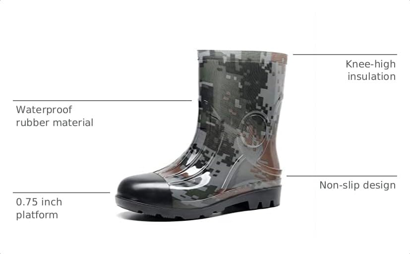 Image of Man Knee High Rubber Rainboots Camo Waterproof Rubber Boots for Garden Man Rain Footwear Size
