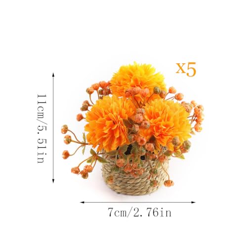 5 Pack Artificial Fall Flowers For Outdoors Fake Mums With Woven Basket Pot - image 2