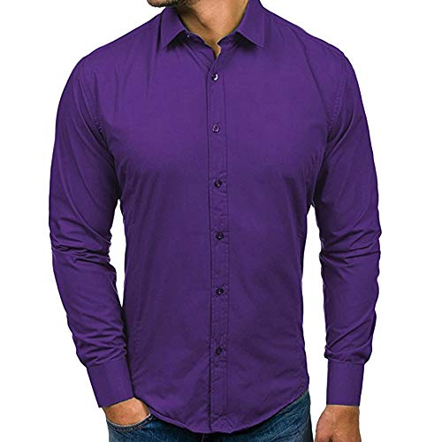Cebbay Camisa Delgada de Manga Larga para Hombre Top de Manga Larga de Solapa Negocio de Ocio(PúRpura, 2XL)