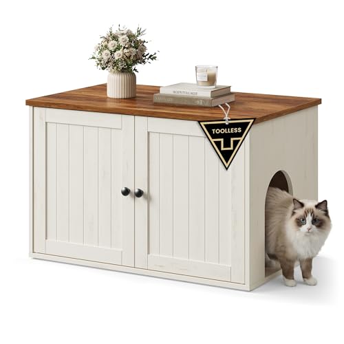 SONGMICS HOME Litter Box Enclosure, Superfast Toolless Assembly, Cat Litter Box Furniture, Push-to-Open Doors, Indoor Cat House, Rustic White and Honey Brown UPCL233WJ04S