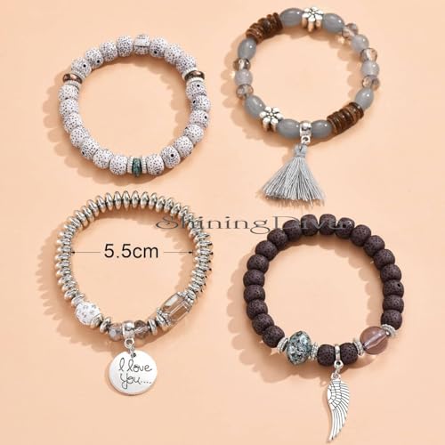 Shining Diva Fashion Latest Stylish Bohemian I Love You Feather Tassel Charm Multilayer Beaded Bangle Bodhi Bracelet for Women and Girls