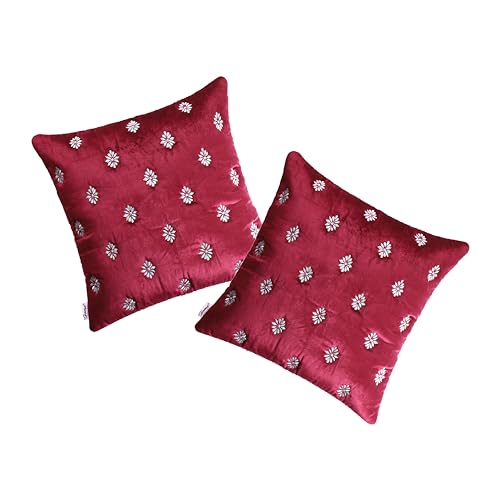 Image of Home- The Best is for You Quilted 18x18 Inch Burgundy Velvet Cushion Cover Pack of 2