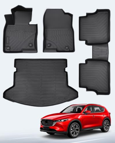 Image of Weather Liner Floor Mats for Mazda CX5 2017-2025 Front Rear Cargo 4 PCS | TPE All Weather Odorless Easy to Install Secure in Place Non-slip Surface Handle Heavy Rain Snow No Trimming Raised Edge