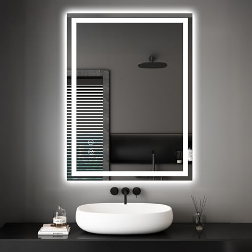Dripex Bathroom Mirror with LED Lights, 450 * 600 MM Illuminated Bathroom Mirror Wall Mounted Vanity Mirror, Bathroom Light Mirror with Demister Pad, Horizontal/Vertical