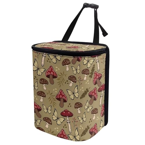 Image of Talayituse Mushroom Butterfly Print Car Trash Can with Lid, Leak Proof Auto Trash Bag Hanging Vehicle Garbage Can Multipurpose Storage Container for Back Seat Road Trip