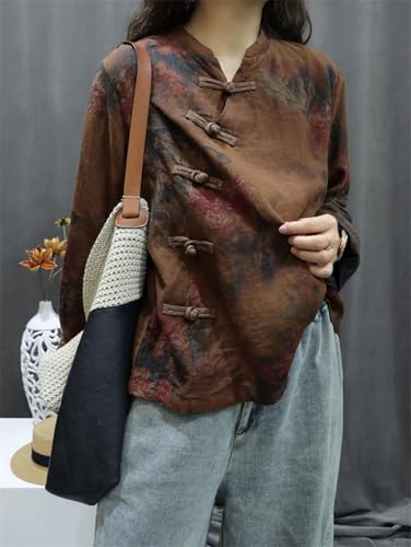 Women's Retro Linen Oversized Blouses Chinese Loose fit Floral Pattern Jackets Traditional Frog Button Stand Collar Shirts2