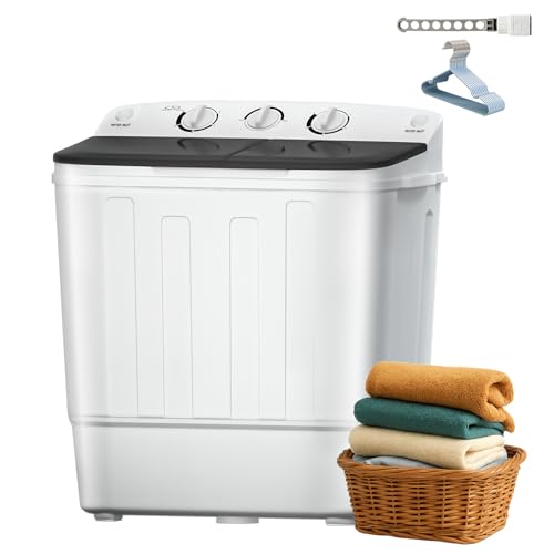 Portable Mini Twin Tub 18Lbs Washing Machine with Drying Rack & 10 Hangers, Washer(11Lbs) and Spinner(7Lbs) Combo with Timer Knob, Compact Semi-automatic Laundry Washer for Home Dorm Apartment, Black