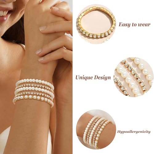 Long tiantian Pearl Bracelets for Women Pearl Jewelry Crystal Rhinestone Bangle Bracelets for Women Beaded Stretch Strand Stackable Bracelets Wedding Jewelry for Brides3