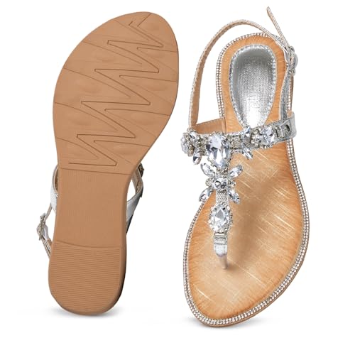 Image of iCKER Women Rhinestone Sandals T-Strap Buckle Bohemian Pearl Crystal Flat Sandals