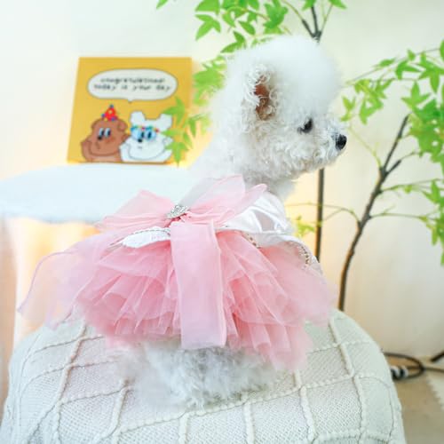 Image of HDKUW Small Dog Dress, Girl Puppy Lace Princess Skirt Tutu Dress with Bowknot,Chihuahua Yorkie Clothes Outfit for Birthday Wedding Party Pink M