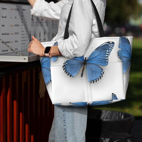 (Blue Butterfly On Blossom Flower) Large Beach Tote Bag for Women Waterproof Sandproof Travel Shoulder Bag with Pocket for Pool Vacation Weekend Gym 7