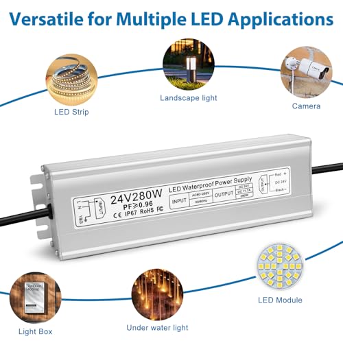 Image of 24V 280W LED Power Supply, IP67 Waterproof LED Driver, Low Voltage Transformer, AC 80-265V to DC 24V 11.67A Converter with 3-Prong Plug 3.3 Ft Cable for Outdoor LED Light, Landscape Light, Industrial