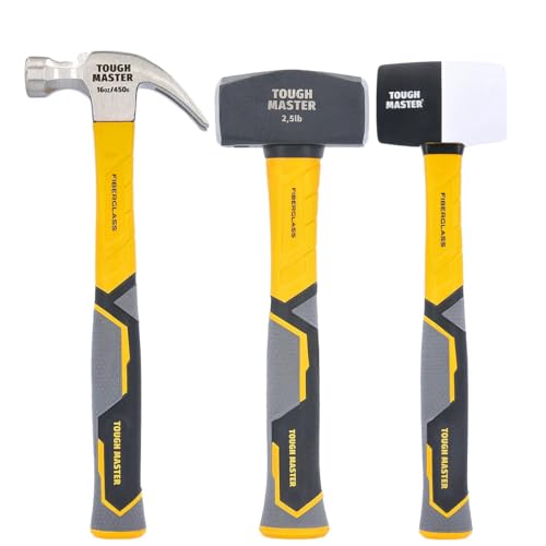 TOUGH MASTER Club Hammer 2.5lb (1.1 kg) Heavy Duty C45 Forged Steel Head Fiberglass Shaft Non Slip Grip Shock-Absorbing Handle TPR Finish Long (3 Pcs Hammer Set)