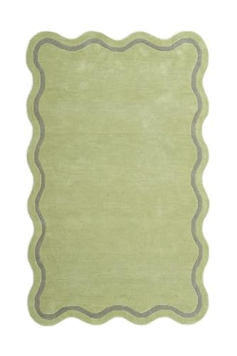 RUG BARN Hand-Tufted Wool Area Rug - 7x10 Ft, Solid Lime Green Rug with Chic Scalloped Edges & Gray Border, Soft Plush Handmade Wool Carpet for Hallway, Living Room, Bedroom, Nursery & Modern Home