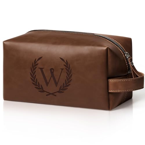 Aganmi Personalized Toiletry Bag for Men Engraved Initial Cool Husband Boyfriend Grandpa Son PU Leather Waterproof Shaving Bag for Toiletries Accessories Travel Essentials (A)
