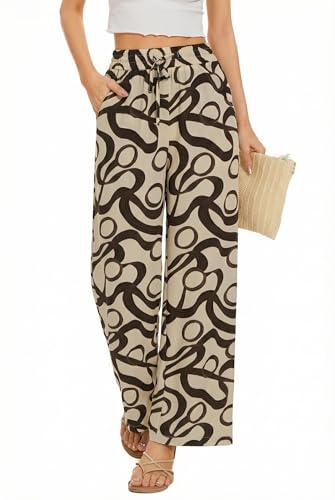 Image of KICZOY Women Flowy Pants Drawstring Waist Wide Leg Palazzo Beach Pants Loose Fit with Pockets