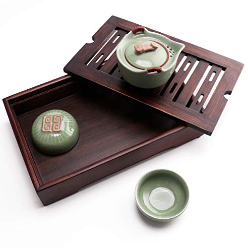 Lyty Mini Bamboo Chinese Tea Tray - 11.5” Japanese Tea Serving Tray, Small Gongfu Tea Table Set With Reservoir Type Water Storage Box (Brown) #TOP7