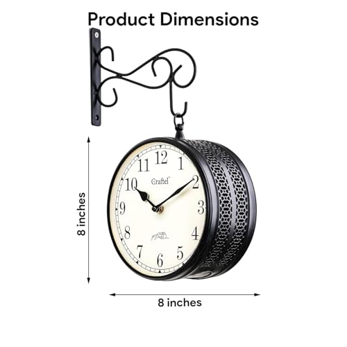 Image of CRAFTEL Double Sided Station Wall Clock Powder Coated Finish | Both Side English Numerals | Aluminum Matte-Finish Dial Brass Body | Dial - 8 Inches, Matte Black | 365 Days Warranty