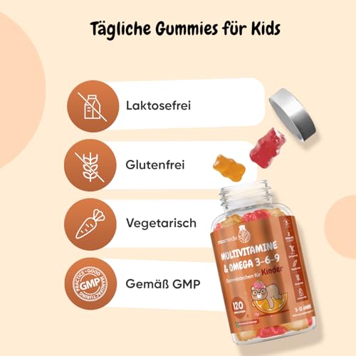 Multivitamin Gummibärchen für Kinder - Mit Omega 3 6 9, Vitamin C - 120 Multivitamin Kinder Gummies - Vitamin D3, B7, B12, E, B1, B2, B3, B5, B9 Jod, Zink - Mit Himbeer & Orangengeschmack - maxmedix
