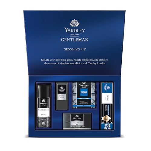 Yardley London Gentleman Luxury Grooming Kit For Men With Classic Activated Charcoal Soap, Elegance Lather Shaving Cream, After Shave Lotion, Shaving Brush, And Classic Body Deodorant Spray