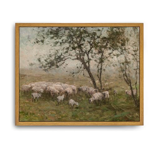 Image of Roslynity Framed Canvas Wall Art Vintage Print Oil Painting Sheep Farm Meadow Pasture Landscape Country Animal Retro Aesthetic Artwork for Home Living Room Bathroom Nursery Wall Decor (8"x10")
