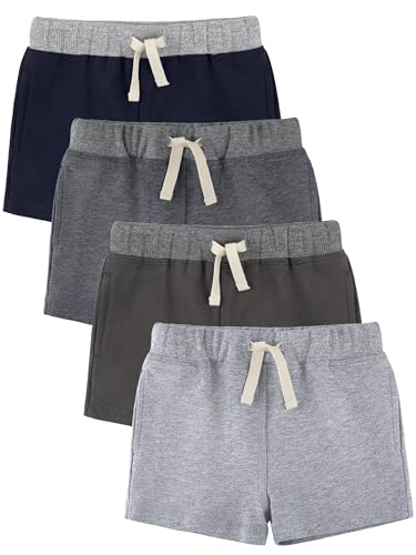 HoeVou Baby Boys Shorts 4-Pack 0-24M | Cotton Knit Pull-On with Adjustable Drawstring Waist & Pockets Summer Playwear Charcoal Gray Dark Gray Ash Gray Dark Navy Blue Set C 0-3M