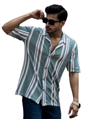 Image of Maniac Mens Striped Collar Neck Half Sleeve Jacquard Oversized Shirt