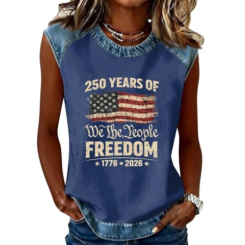 HHOSGPP USA 250th Anniversary Shirt | Women's 250 Years of Freedom Distressed Denim Trim America Flag Patriotic Sleeveless Blouse 1776-2026 Graphic Tee Shirt(06-Navy,XL)