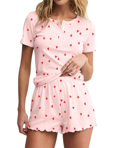 Lacozy Cute Pajamas for Women Set Heart Graphic pj Set Woman Loungewear Short Sleeve Crop Top and Pant Sets Pink S