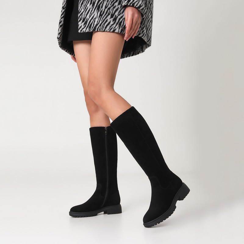 Image of ZJA Knee High Boots Women Platform Round Toe Low Flat Heel Fall Riding Fashion Tall Boots Long Clearance Boots