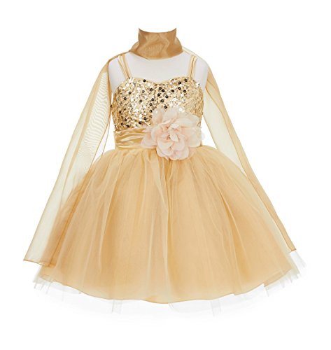 Shawl Spaghetti-Strap Sequin Tulle Flower Girl Dress Christening B-SH1508NF 2 Gold